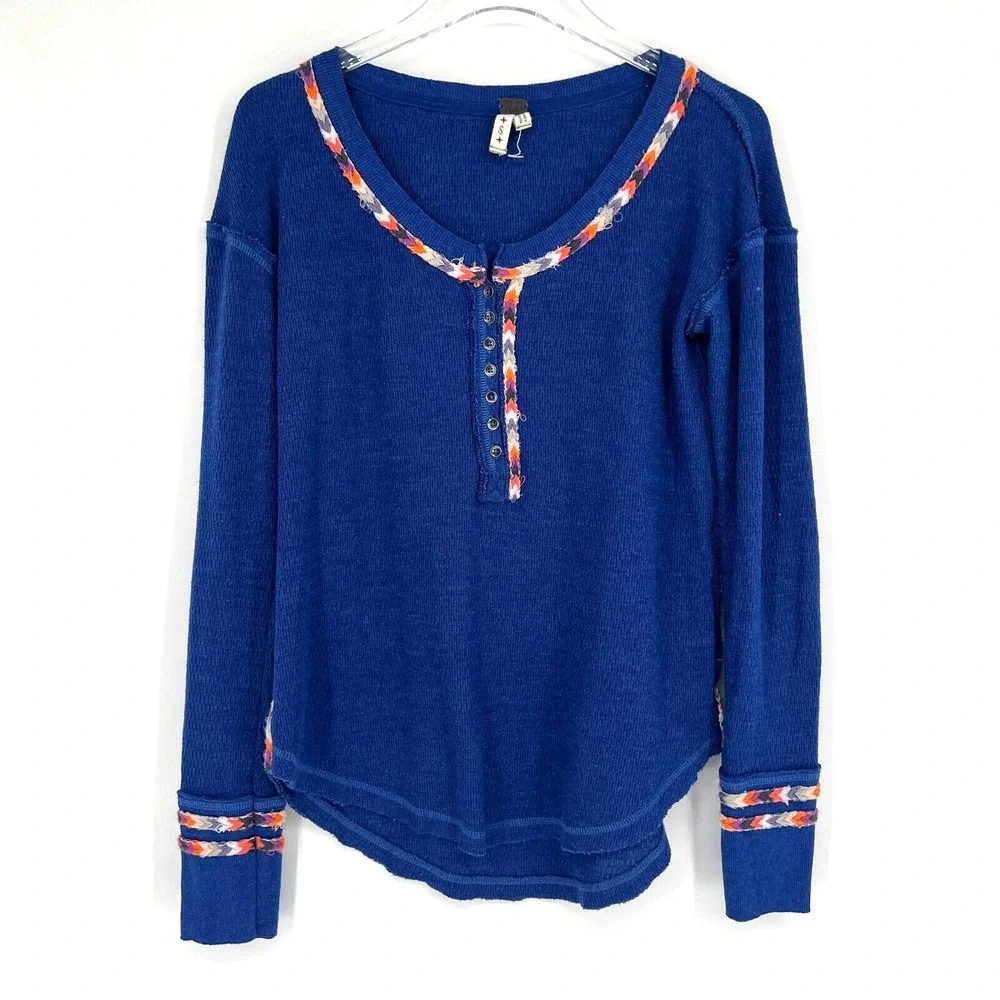 Free People Top Womens‎ S Thermal Henley Blue Embroidered Cuff Long Sleeve